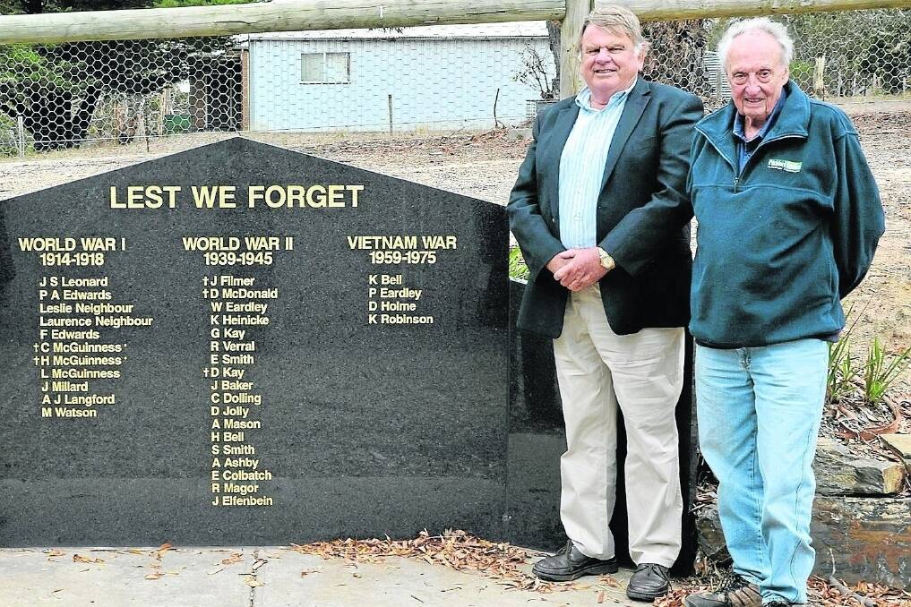 John Thredgold, Tooperang, and John Pitchford, Pitchford Produce, Currency Creek, at the ‘Lest We Forget’ memorial.