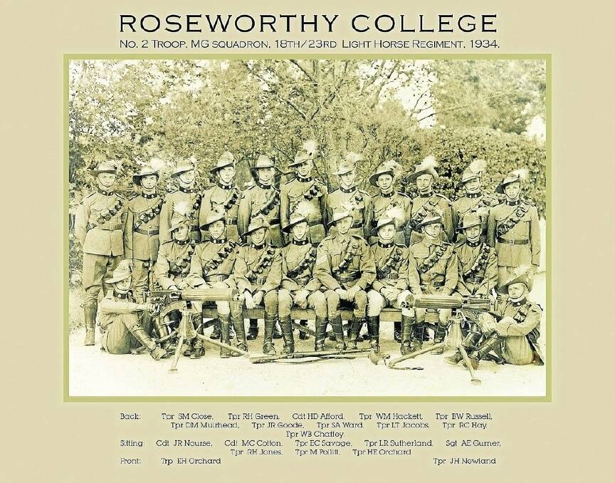 WAR REGIMENT: The machine gun troop of the 18/23 Light Horse Regiment taken in 1934 – a CMF unit made up of Roseworthy and Adelaide University students, trained in Gawler. Their uniforms and equipment were vintage World War I.