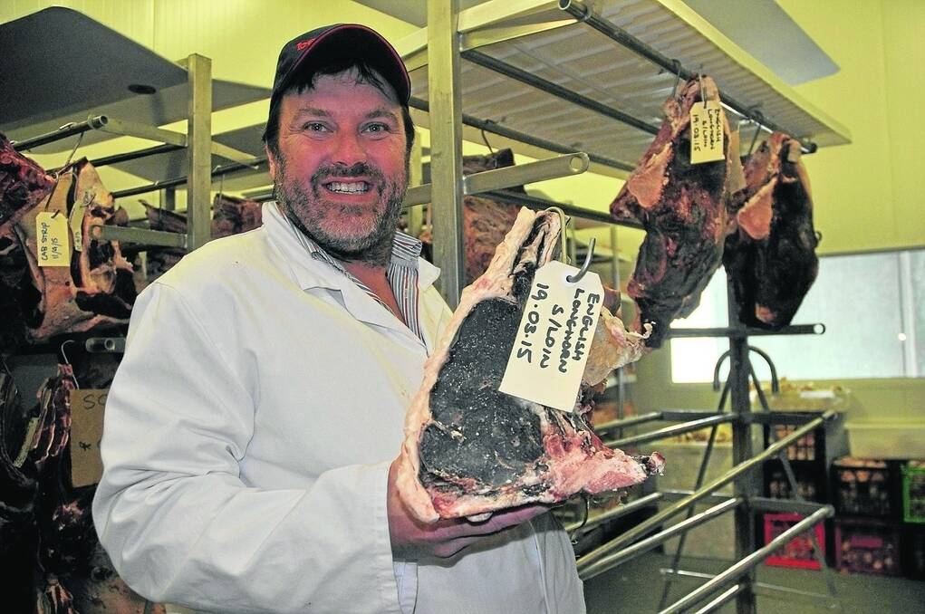 Richard Gunner with some of the Willock Park English Longhorn dry aged beef which has been available in limited quantities at Feast! Fine Food stores across Adelaide and selected restaurants since April.