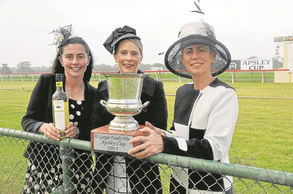 Elise Kealy, Brooke White and Apsley Racing Club president Sue Close get into the black and white theme for the 2015 DiGiorgio Family Wines Apsley Cup in June.