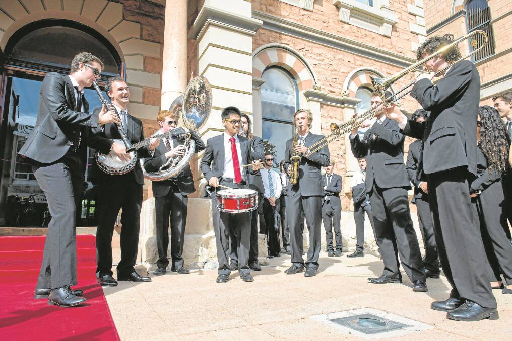James Morrison Academy of Music students jamming outside the Old Town Hall in Mount Gambier.