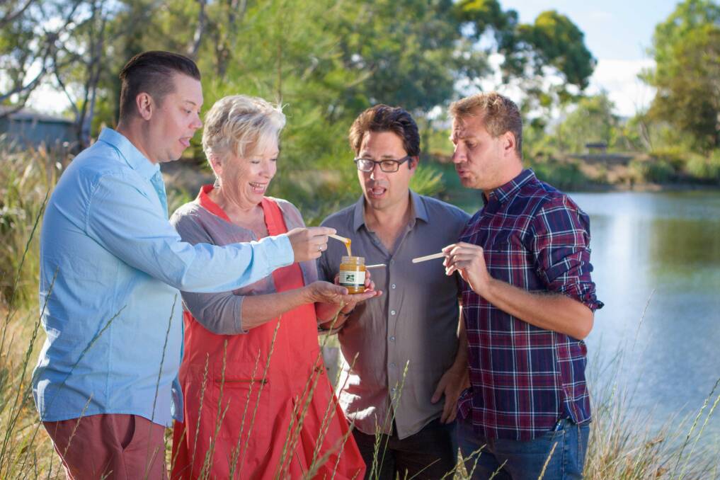 Josh, Chris and Nathan tasting with Maggie Beer at Maggie Beer's Farm Shop at Nuriootpa. <i>Photo: Carly Earl.</i>