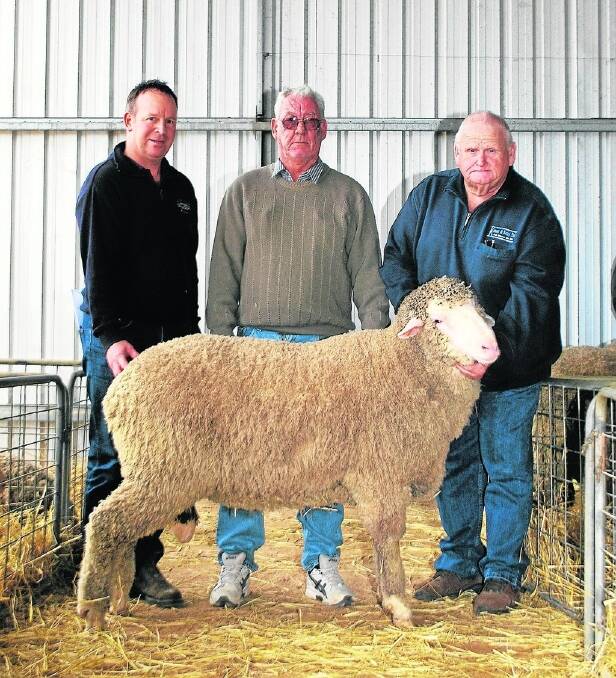 With the $7200 top price ram at the Kamora Netley Park ram sale are buyer Ian Daniel (centre), Senior Park, Bordertown, his agent Fox & Lillie Horsham, Vic’s Andrew Hendy, and Paul Boughen holding the ram.