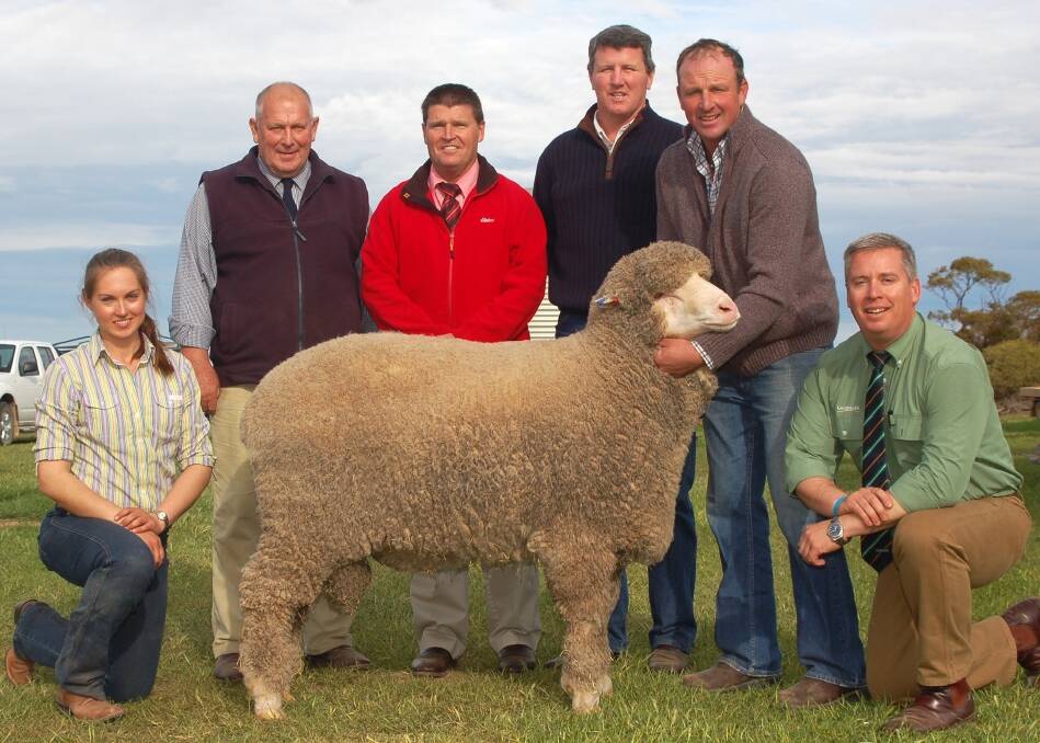  A Poll Merino topped the sale at White River for the first time at $12,000, pictured are White River sheep assistant Ali Brands, Minnipa, White River principal John Daniell, Elders auctioneer Tony Wetherall, buyer Robert Stein, Tubbo Station general manager, Darlington Point, NSW, Wes Daniell holding the ram and Landmark auctioneer Gordon Wood.