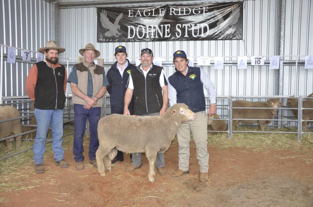 At the Eagle Ridge Dohne sale were Sam Wright, Sheringa, Bill Nosworthy, Nosworthy Family Trust, Sheringa, who bought the top-priced ram, EP Livestock and Real Estate's Scott Masters, stud principal, Paul Webb and EP Livestock and Real Estate's Ben Dickenson.