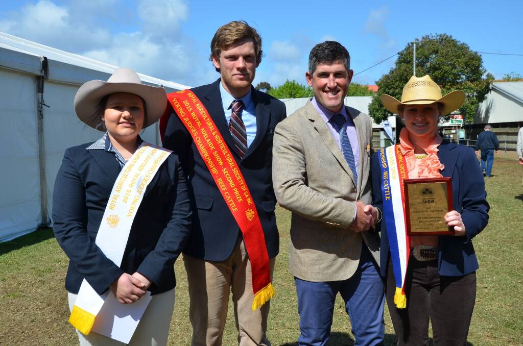 Placegetters in the 15-25 years section were third Nicole Muller, Mount Gambier, second Nick van den Berg, Blackwood, judge Andrew Wilson, Kerlson Pines Poll Herefords, Keith, and winner Ruby Canning, Mortlake, Vic.