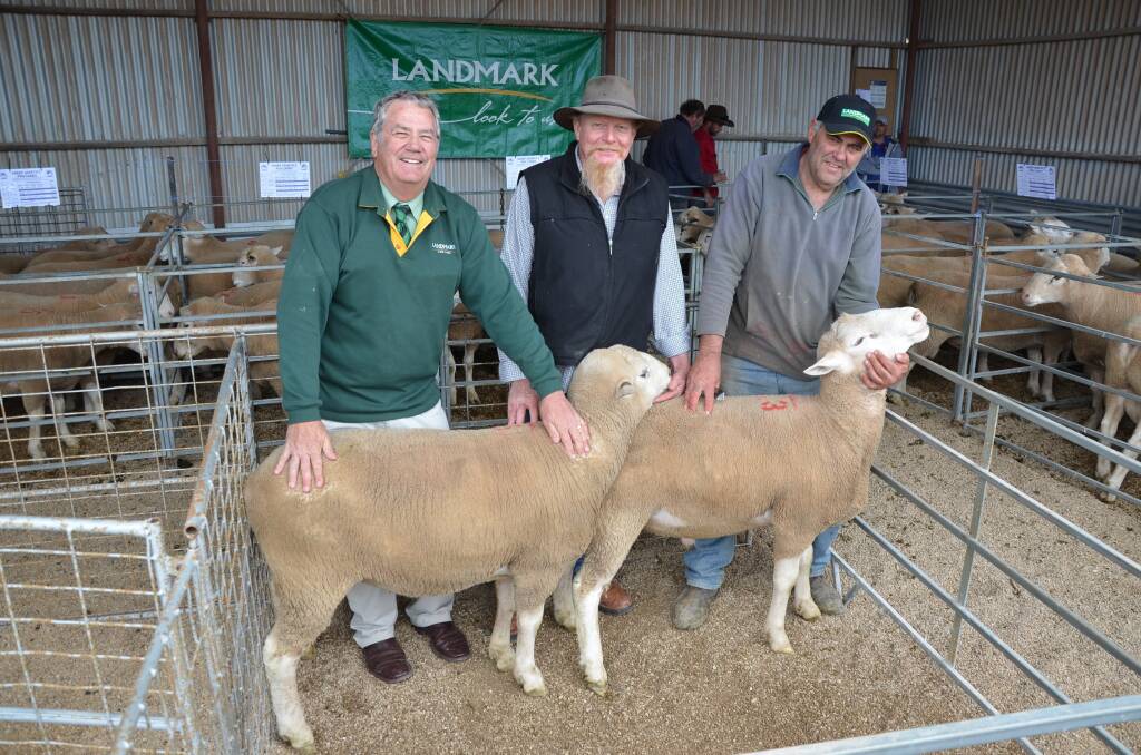Landmark Melrose's Dean Paul, buyer of the two top price rams Peter McCallum, Lucindale, and Boolerview stud principal Graham McCallum with the two $1400 rams.