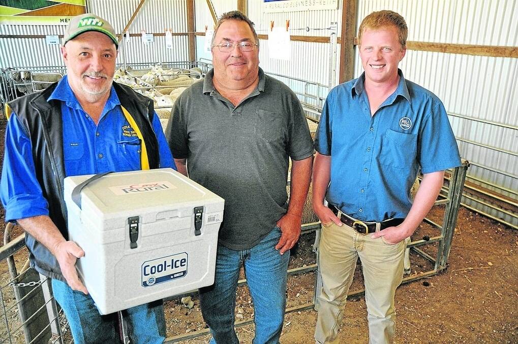 Castle Camps stud principal Ian Carr, Keith, presents a WAECO 22L Cool-Ice Esky donated by Cox Rural Keith to volume buyer Greg Bowering, Weopa Pastoral Co, German Creek, and P&L Livestock’s Garth Manser, Mount Gambier.