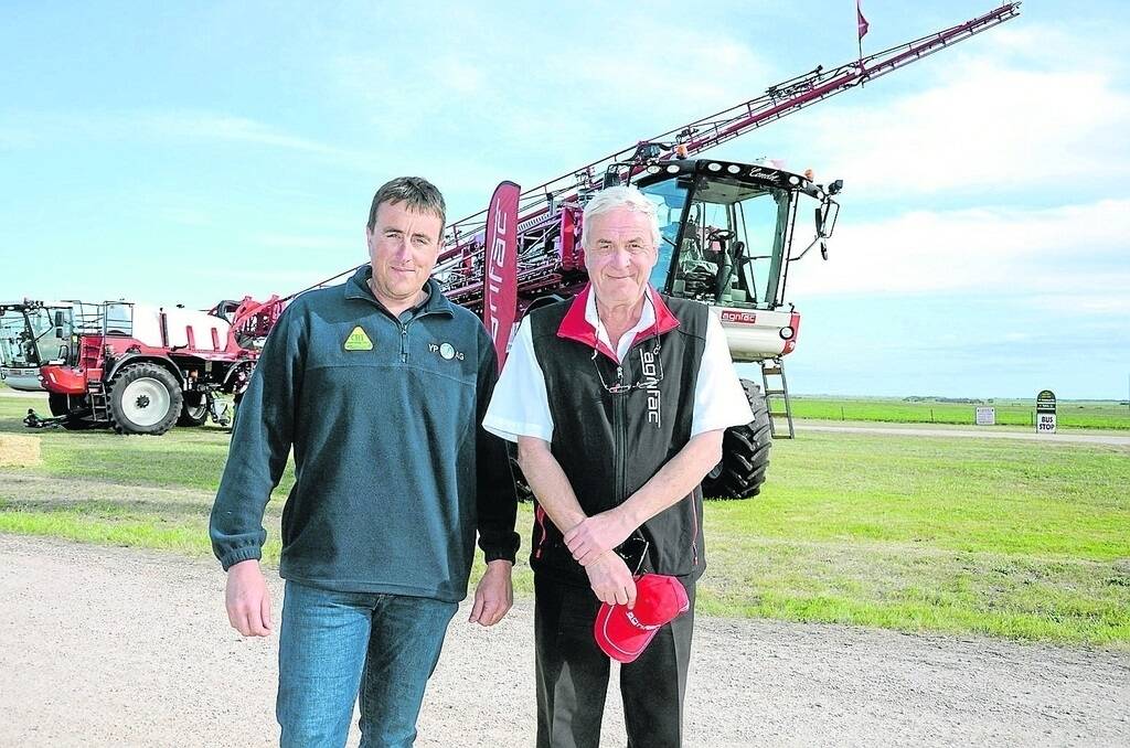 YP AG director Troy Johnson and Agrifac senior sales manager Martin Miller with Australia's biggest purpose-built self-propelled sprayer, which was on display at the YP Field Days. The Agrifac Condor Endurance features an 8000-litre tank and 48-metre spray boom, with spraying speeds of up to 36 kilometres an hour.