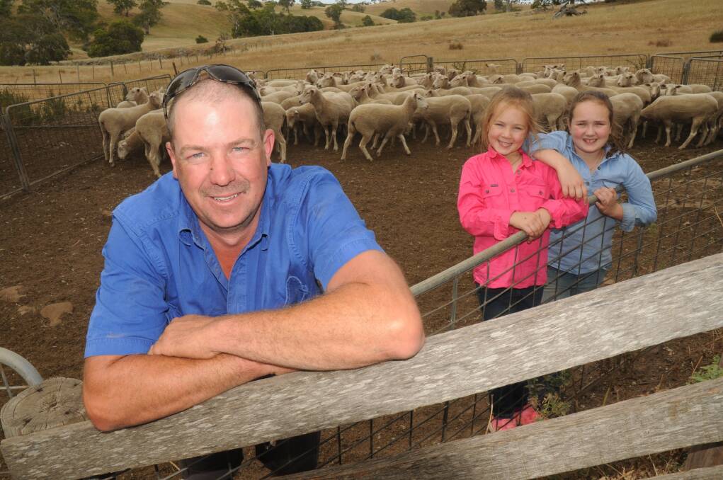 Strathalbyn farmer Simon Formby, with daughters Vanessa and Stephanie, is looking forward to the Naracoorte blue ribbon first-cross ewe sale on Thursday next week.