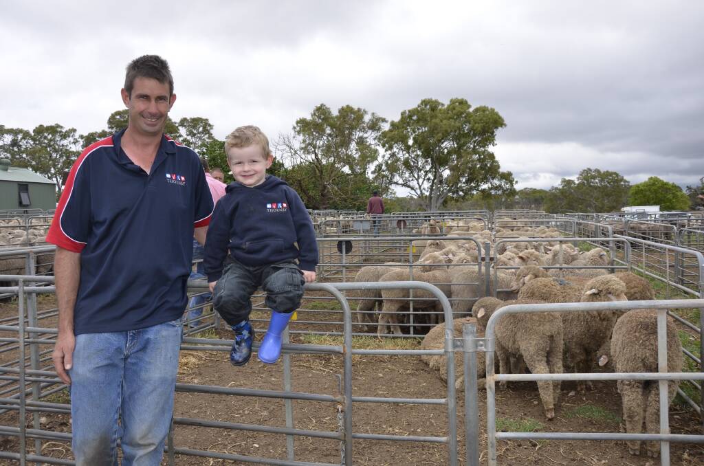 Alex McGorman, Thornby, Sanderston, is a regular sheep buyer at Mt Pleasant. He attended with son Oscar, 2.