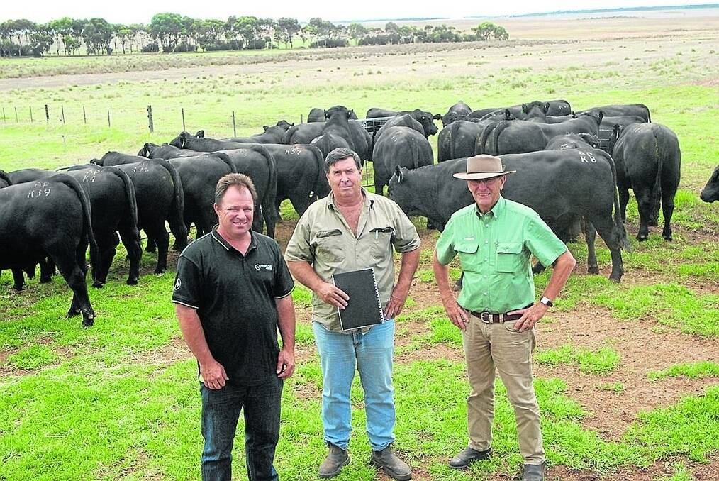 Allegria Park stud principal Andrew Kuss (left), with top price buyer Wes Graham, Esperance and Landmark Brindley and Gale agent Neil Brindley. Mr Graham paid $9500 for the top price bull at the Allegria Park sale.