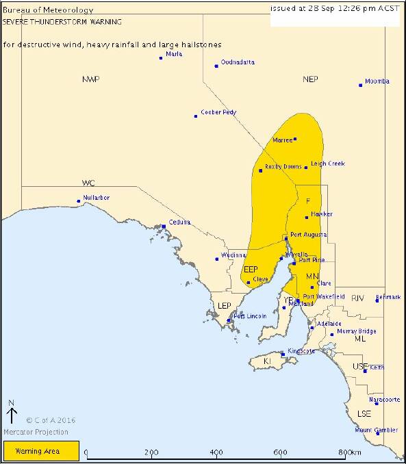 BOM issued a warning for destructive wind, heavy rainfall and large hailstones over Whyalla, Port Augusta, Hawker, Port Pirie, Clare, Roxby Downs and Leigh Creek in the next couple of hours.