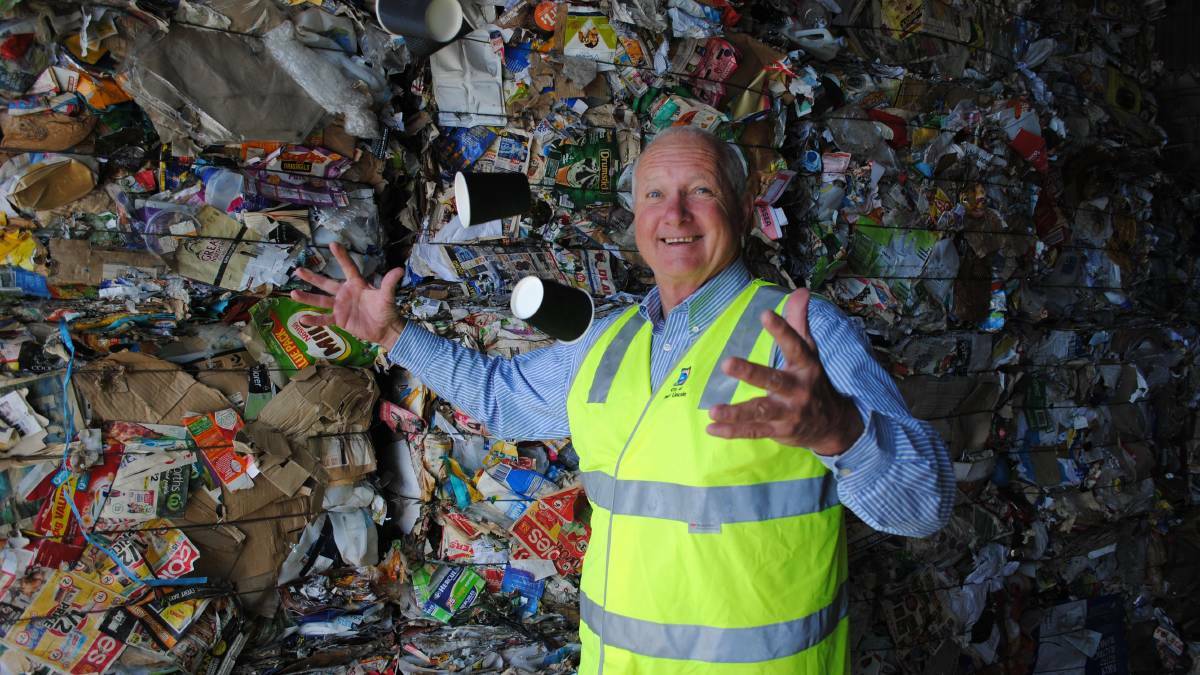PORT LINCOLN: Mayor Bruce Green, at the resource recovery centre, said items like take-away coffee cups were contaminating recycling and should go into red-lidded bins. 