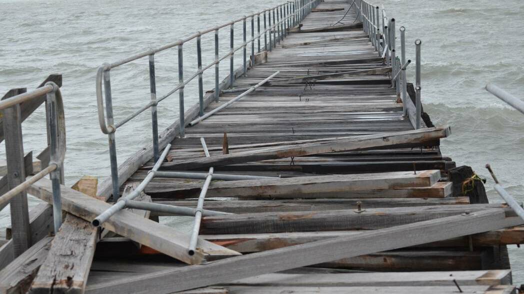 WRECKED: Twisted timbers on the Port Germein jetty after the storm and high tide.
