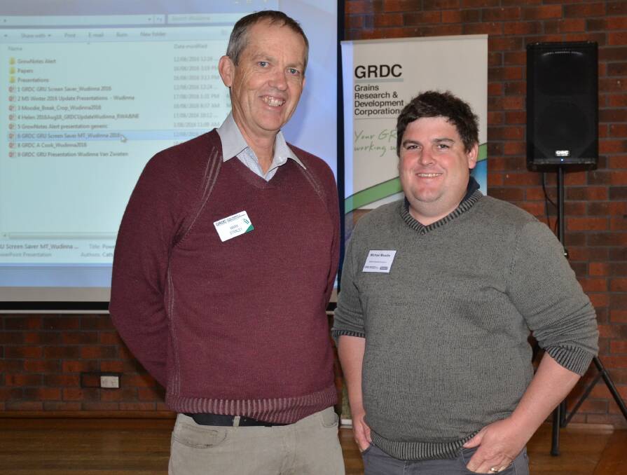 RESEARCH UPDATE: At the GRDC Grains Research Update at Wudinna were GRDC southern panel member Mark Stanley and Mallee Sustainable Farming agronomist Michael Moodie.