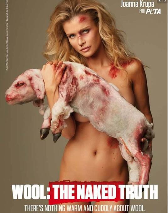 CONFRONTING: An anti-wool advertisement from People for the Ethical Treatment of Animals, featuring former model and reality TV star Joanna Krupa holding a fake lamb.