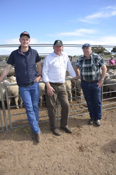 STELLAR SALE: Elders Inverell, NSW, trainee agent caught up with Thomas Foods International livestock buyer Phil Heinrich and Male's Meats buyer Russell Male, Mannum, at the Murray Bridge prime lamb sale.