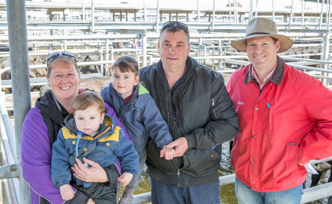 GLENCOE BIDDERS: Michelle, Casey, Shelby and Heath Weedon, Weedon Pastoral Co, Glencoe, with Elders Mount Gambier agent Brett Exelby, bought 84 steers averaging $1051 at the Mount Gambier store sale on Friday to stock their recently-purchased Wattle Range property.