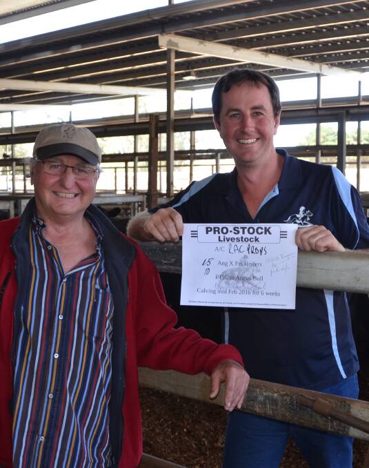 Peter O'Neil, Parawa, bought the $1980 top female pen at the Mount Compass breeder sale in January. He is with Prostock's Clint Endersby.