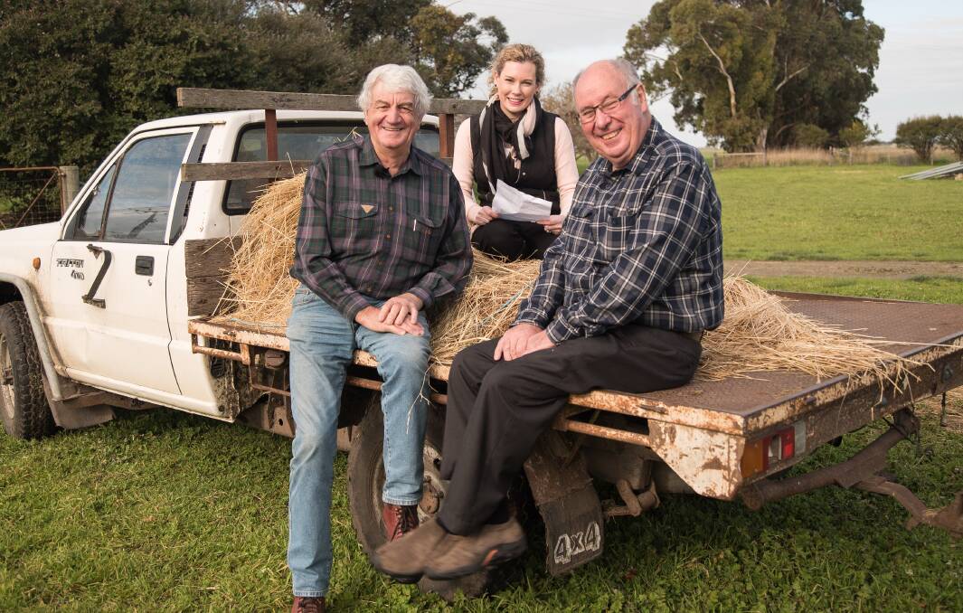 RURAL STORIES: Clinical psychologist Kate Fennell (centre) with Graham Hinze and Doug Redman, Penola, who were part of the Rural Cancer Stories project.