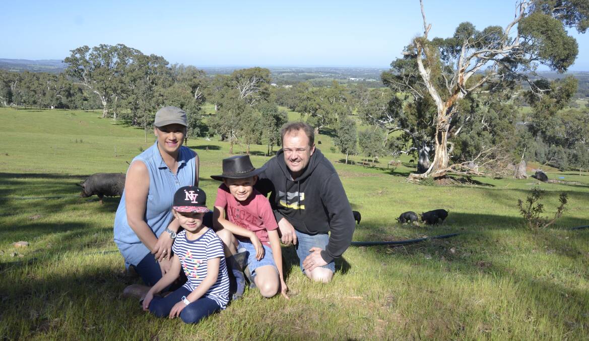 STUNNING VISTA: Mel and Sam Hage, with their children Maggie, 7, and William, 9, at their McLaren Flat property Howie Hill Farm.