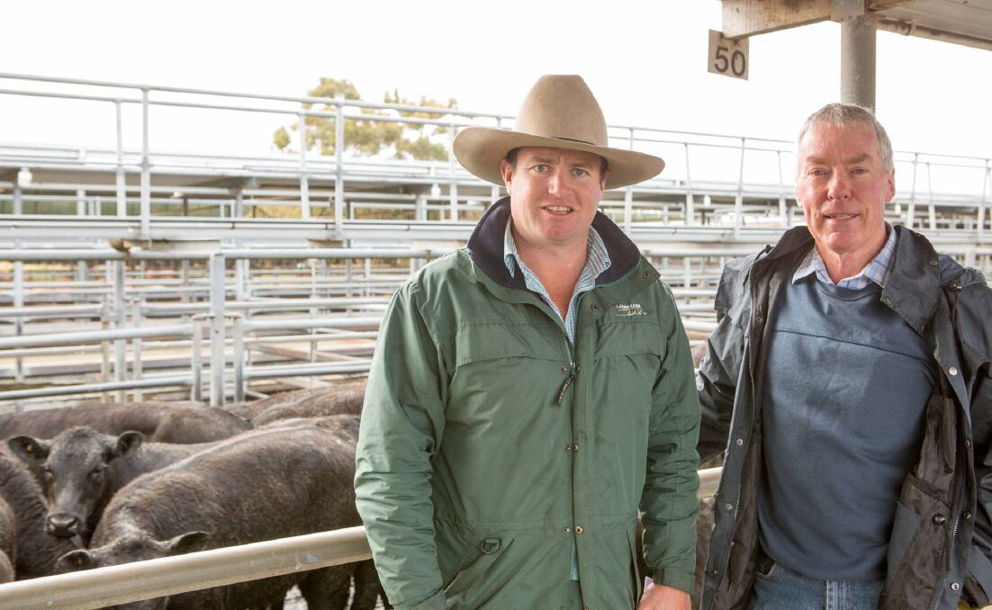 VIC BLOKES: Landmark Casterton, Vic, agent Rick Smith, was at Mount Gambier to see 41 Angus steers and heifers from client Wirey Swamp, Casterton, sold. He is pictured with Stuart Ferrier, Rosedale, Carapook, Vic.