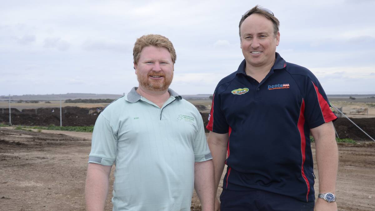 SOILS DAY: Microbiology Laboratories soil scientist Ash Martin and Peats Soil and Garden Supplies commercial manager John Hogarth at a day run by the Strahalbyn Natural Resource Centre to understand how using microbiology can unlock soil potential.