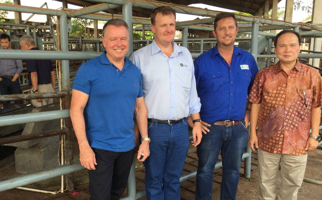 LIVE EXPORTS: Shadow Agriculture Minister Joel Fitzgibbon, in Indonesia last year as part of a livestock export supply chain tour. He is pictured at the TUM feedlot in Jakarta with Troy Setter, Consolidated Pastoral Company, Brian Scott, Global Compliance Asia, and Buntoro Hasan, TUM.