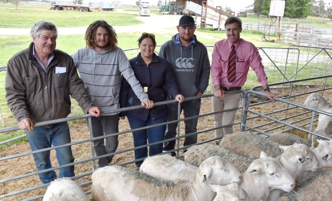 STRONG SUPPORT: Nonning Pastoral's Angus McTaggart with volume buyers Lochie Heinjus, Melissa Nutt and Daniel Nutt, Pandurra Pastoral via Port Augusta, and Elders Naracoorte branch manager Tom Dennis. Pandurra bought 122 rams.