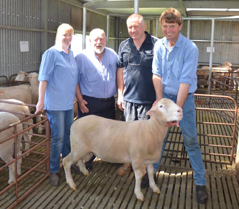 SOLID FRAME: Corriedale Hills' Jo Lush with $850 Poll Dorset ram buyer Bob Morton, Keith, his Rodwells Livestock buying agent Craig Escott, Keith, and Brenton Lush.
