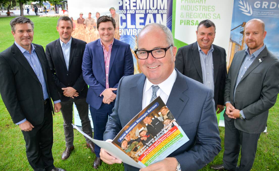 PROGRAM EXPANSION: Agriculture Minister Leon Bignell (front) with Rural Business Support CEO Brett Smith, GRDC senior regional manager - south Craig Ruchs, Grain Producers SA chair Wade Dabinett, GPSA CEO Darren Arney and PIRSA executive director Daniel Casement.