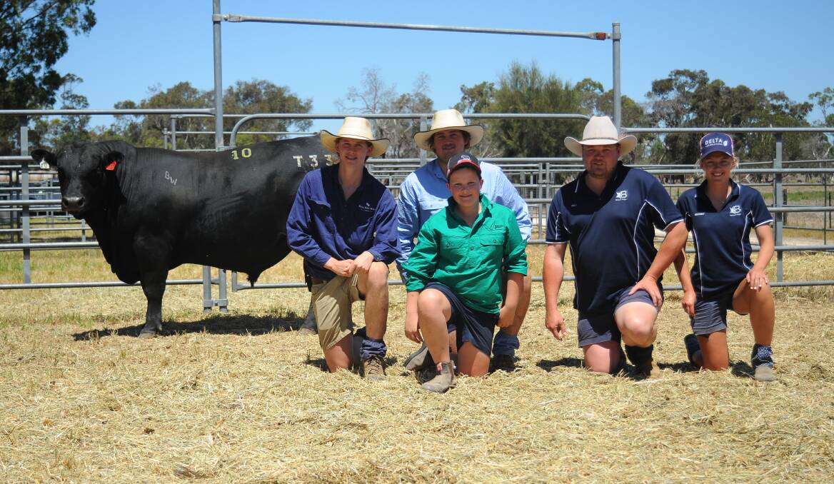 Harry, Cooper and Archie Nickolls, Bull Oak Well, and Will and Bridget Watson, Binnowie Angus, with the sale's top price bull. Pictures by Katie Jackson