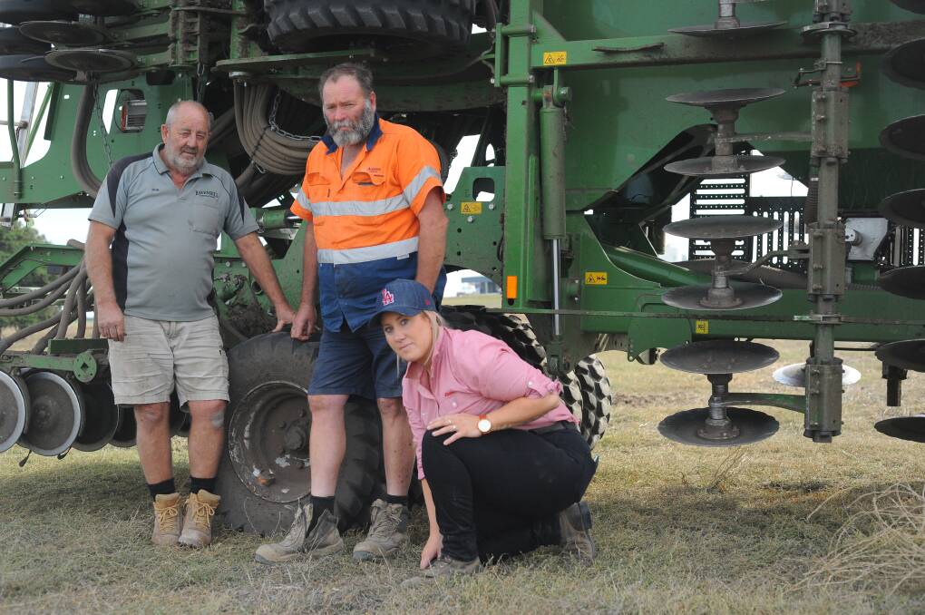 DRY: Havenhill Contracting's Rob Baker, Aurora Dairies' Sarel Potgieter and Elders Mount Gambier's Aimee Kilpatrick have resorted to dry sowing feed in hope the South East receives substantial rain in the coming weeks.