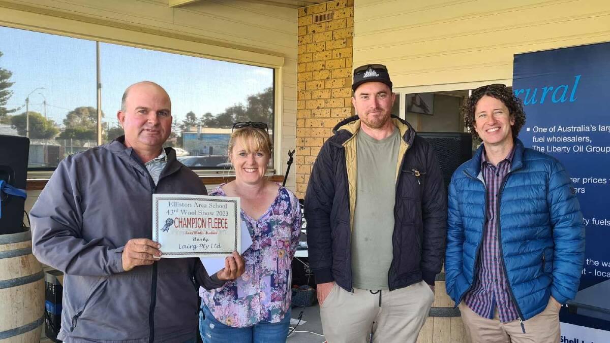 Elliston Wool Show champion fleece winner Lairg Station's Peter Reynolds with judges Claire Loveridge and Zack Wilson and Elliston Area School principal Chad Fleming. Picture supplied 