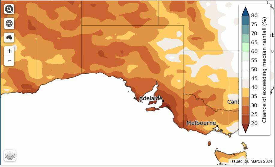 The three month BOM outlook for SA suggests chances of exceeding median rainfall for the state are less than 35 percent. Picture BOM