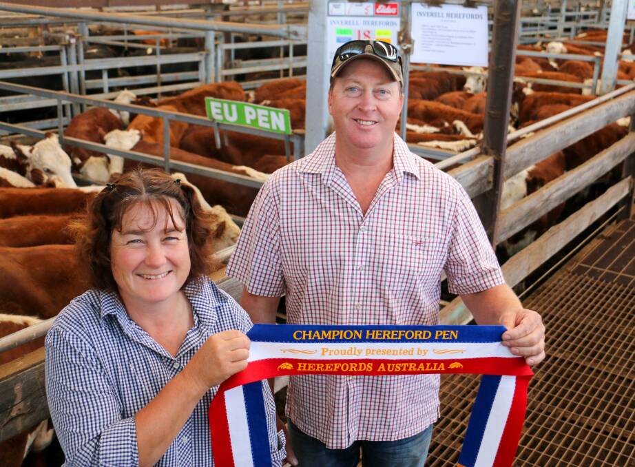 Liz and John Craig were awarded Herefords Australia's champion pen for their steers at this year's annual weaner sale, at Hamilton. Picture by Kim Woods 