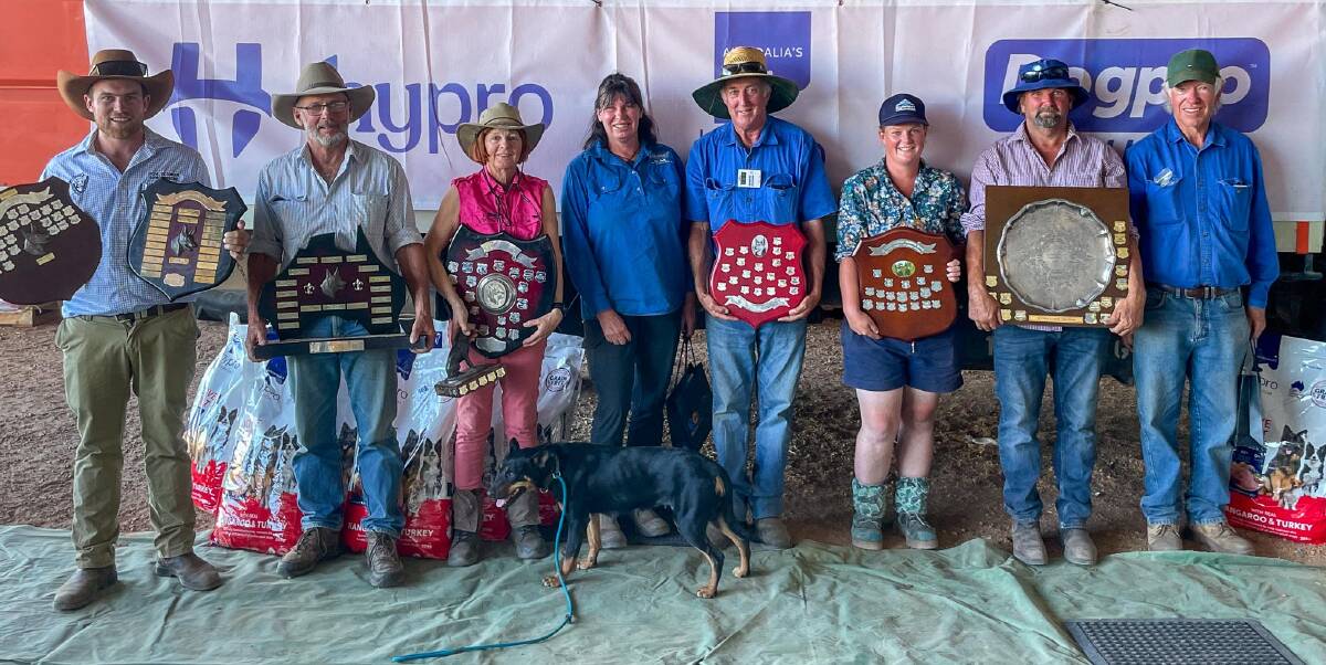 WKC Perpetual and Memorial Trophy winners, Aoidh Doyle (left), Victoria, won the championship shield and W Prendercast memorial breeder of the winning dog, Rod Cavill, Victoria, won the Bradley Sisters memorial trophy, best type kelpie with Tundabardi Mate, Nan Lloyd, WA, won the CJ Butler Memorial for the highest individual score (85), along with the Capree Kelpie Stud perpetual trophy, fastest time over the course and Lorna Browning perpetual trophy for the lady working the highest scoring dog, with Kumbark Lexi, Tara Herbert, WA, won the Frank Scanlon perpetual, best cast lift and draw, Ken Atherton, WA, won the Coleman Noakes memorial, highest scoring novice dog with Ramulam Prickles (57), Bree Cudmore, Victoria, won the Las Tarrant Rockybar, best outside work in the opinion of the judge, Adrian Carpenter, Tasmania, won the Scoriochre Trophy, most effective yard performance, while Daniel Beard, WA, won the Bullenbong Trophy for the highest scoring novice worked by a novice handler.