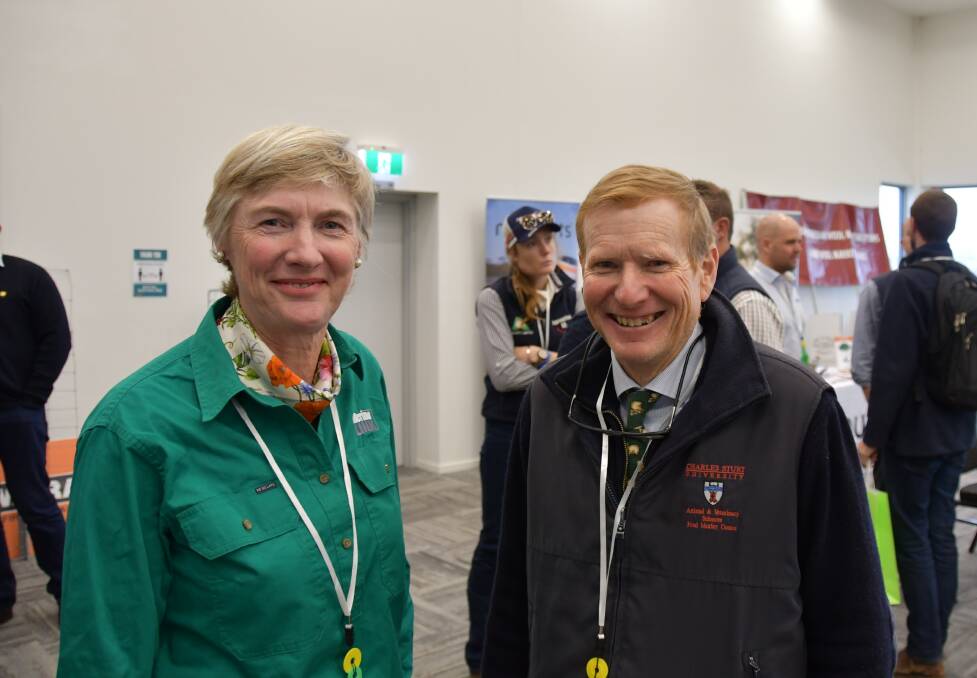 AWI director Michelle Humphries with Professor Bruce Allworth during a break in proceedings at the 2021 MerinoLink conference in Wagga Wagga.