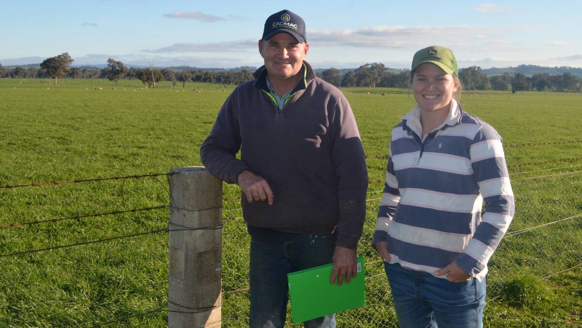 Fraser and Alycia Parker in the paddocks at Cookardinia where ewes with new born lambs are in great condition having been fed during the very dry summer and autumn.