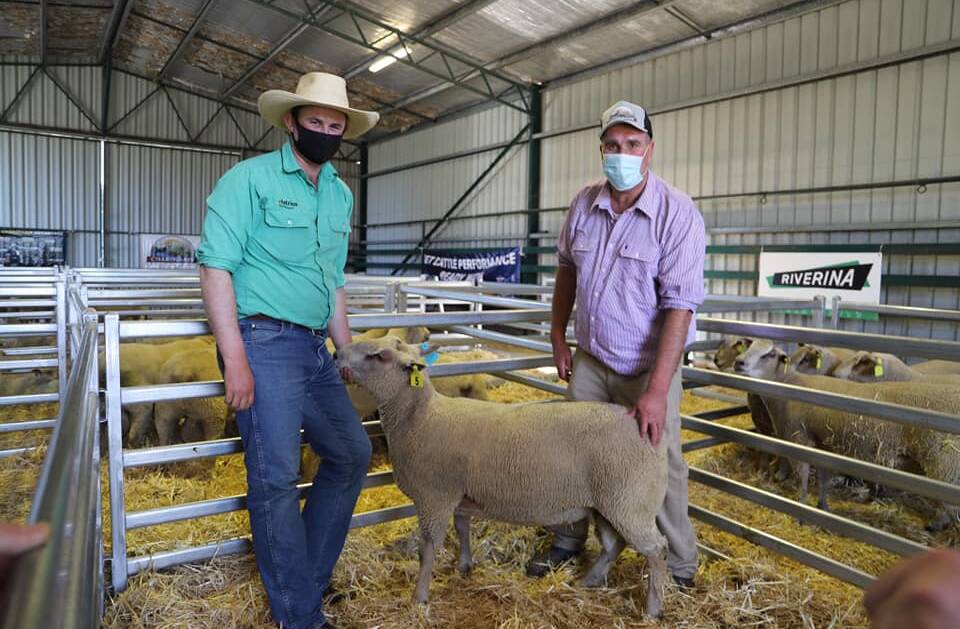 Christian Hoolihan from Southern Livestock Agencies, Goulburn, with Matt Bright, Cold Creek Charollais stud, Blayney, and the top priced ram. Photo: Cold Water Creek
