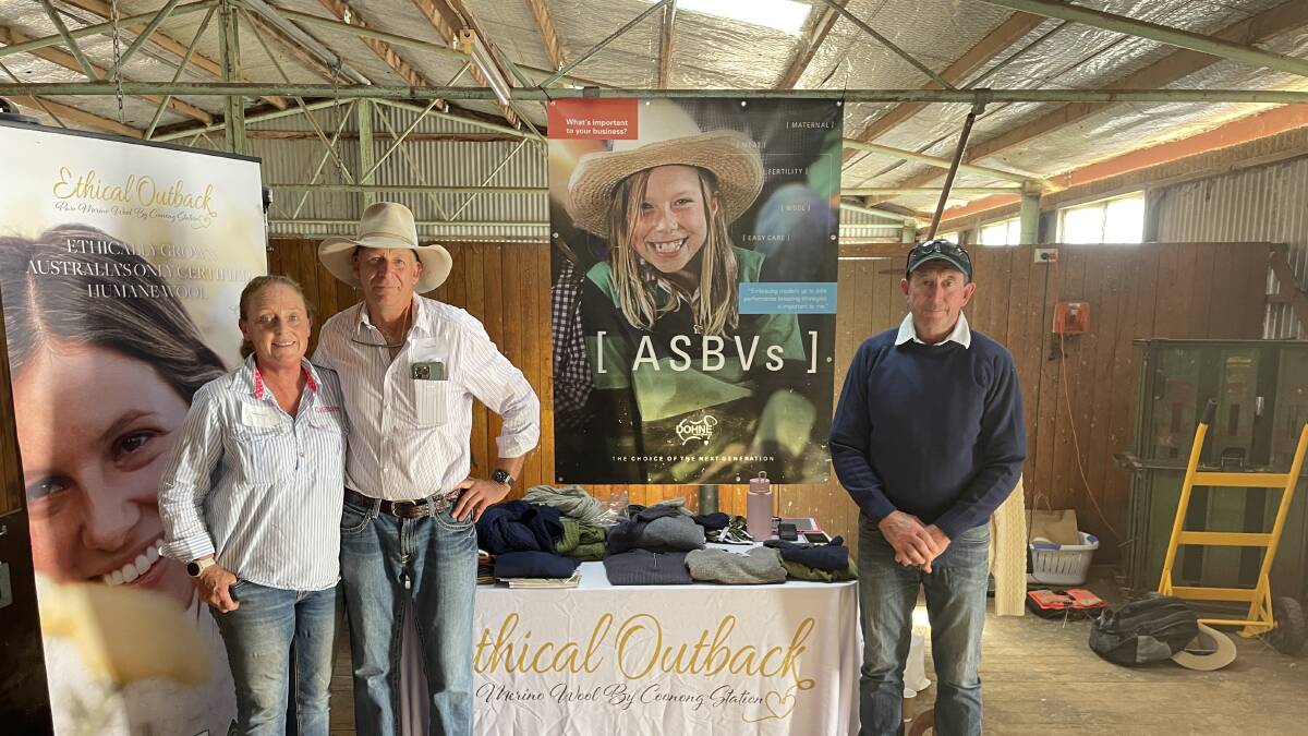 Dohne sire evaluation hosts Sophie and Tom Holt, Coonong Station, Urana, with Don Mills, Australian Dohne Association president.