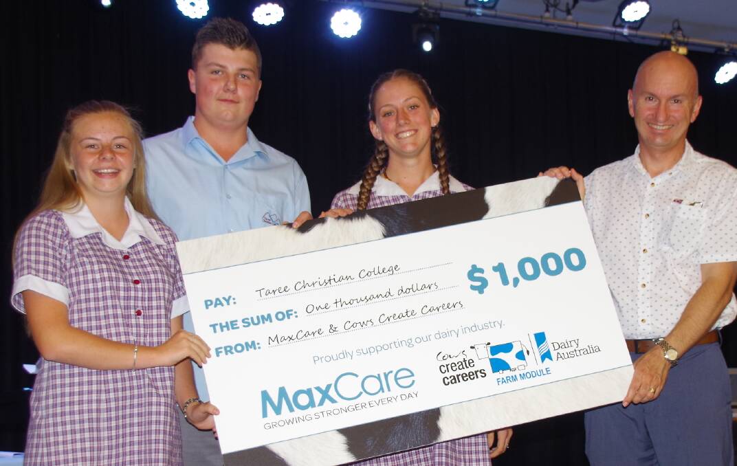 Taree Christian College students accepting their prize, Kaylee Green, Thomas Omalley-Jones, and Lucy Connon, with principal, David Coleman.