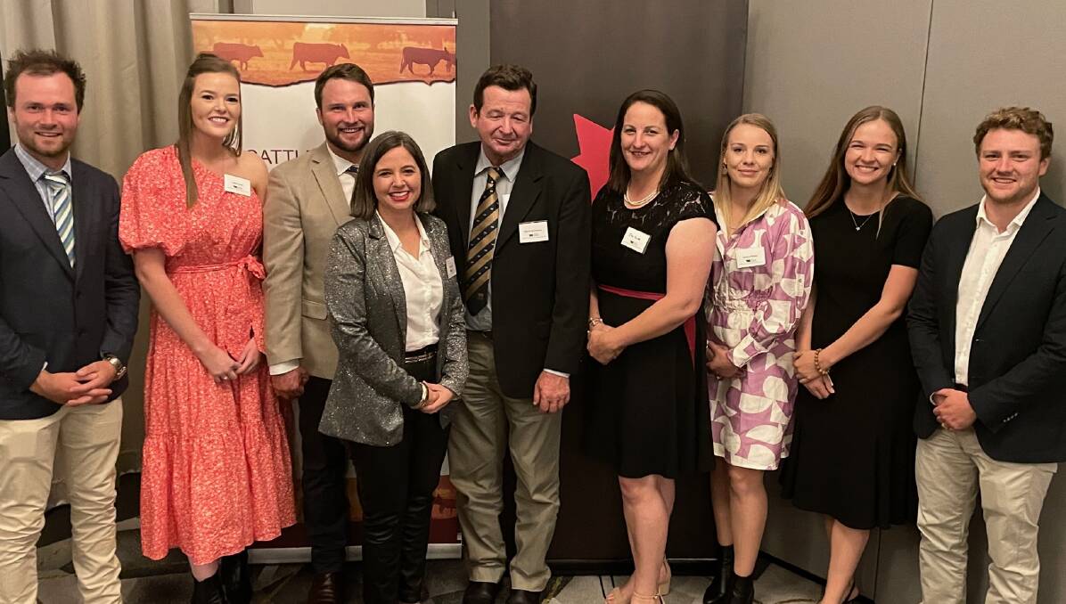 NAB Agribusiness Cattle Council of Australia Rising Champions for 2022, Stafford Ives-Heres, Tasmania; Annie Pumpa, NSW;Sam Fryer, Queensland; Jen Smith, Victoria; Tamara Pfitzner, Western Australia; Kari-Melise Moffat, Northern Territory and Tom Cosentino, South Australia, at this week's Canberra dinner with compere and 2019 national winner, Emily Pullen, Toowoomba, Queensland, and Cattle Council president, Markus Rathsmann, Adelaide River, NT (centre). 