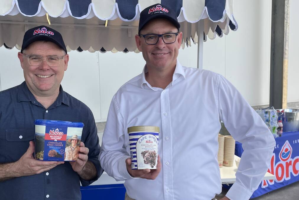 Federal Agriculture Minister, Murray Watt, with Norco chief executive officer, Michael Hampson, and freshly produced ice cream now back into the export market after the co-operative's Lismore plant recommenced production.