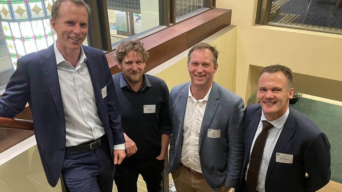 Farm Writers Association of NSW president, George Hardy with GreenCollar chief executive officer, James Schultz; Xpansiv co-founder, Ben Stuart, and Farm Writers vice president, Wilfred Finn, at the farming carbon forum.