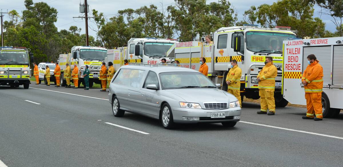 Murraylands firefighters gather to form guard of honour to pay respects to fallen CFS volunteer Louise Hincks as as her body made its way back to her family in the city on Monday, January 24.