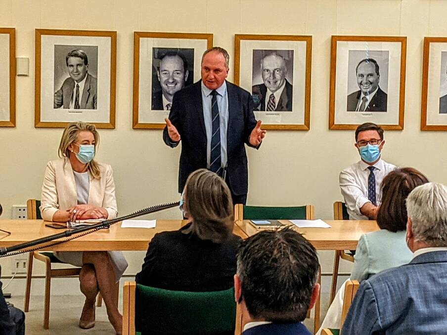 ONGOING DISCUSSION: Barnaby Joyce addresses the Nationals party room about the 2050 net-zero target negotiations. Photo: Jamieson Murphy