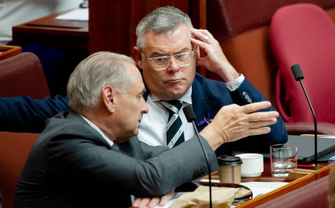 Trade Minister Don Farrell (left) and Agriculture Minister Murray Watt discuss the upcoming EU trade negotiations in the Senate. Picture by Elesa Kurtz