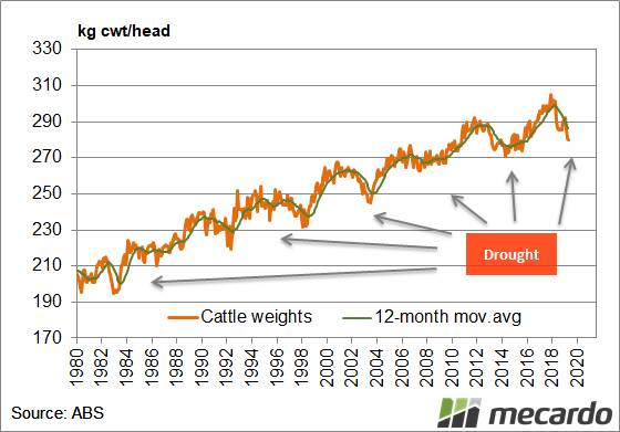 FIGURE 3: Long term cattle carcase weights. April saw a three and a half year low in average cattle carcase weights, coming in at 280 kilograms a head. The fall in carcase weight on March was marginal, but they were 4 per cent lower than in April 2018.